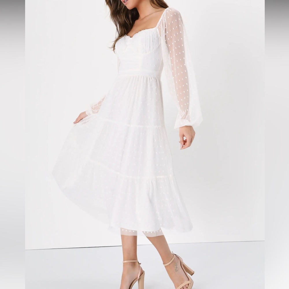 Lulu’s White Dress - Affectionate Aura White Swiss Dot Tiered Bustier Midi Dress